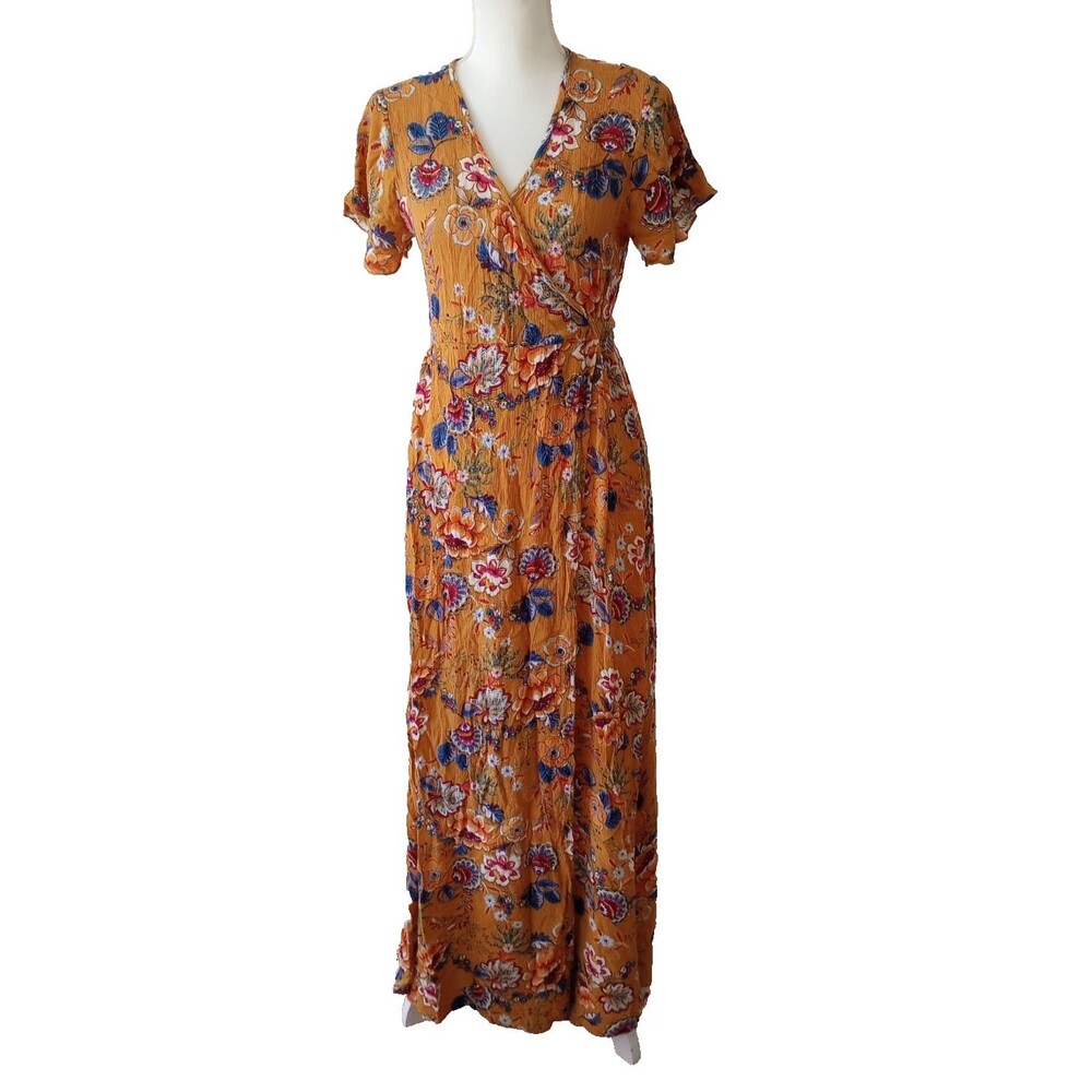 Patrons Of Peace Faux Wrap Maxi Dress Mustard Yellow Floral Gypsy Fairy Small